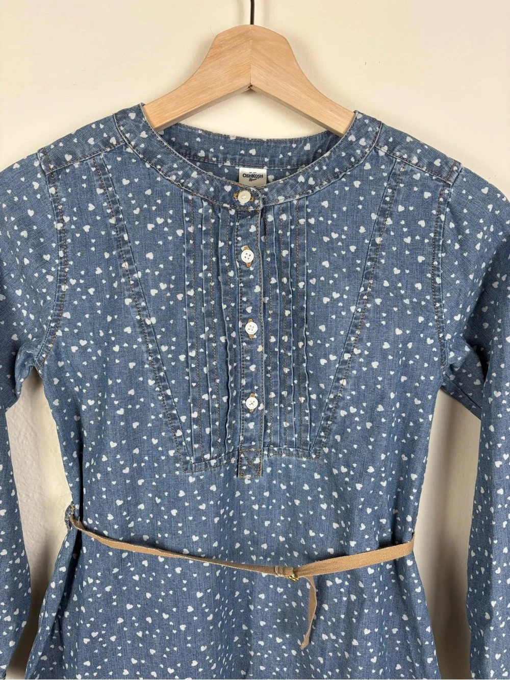 OshKosh B’gosh Girls Size 10 Denim Heart Print Long Sleeve Pintuck Belted Dress